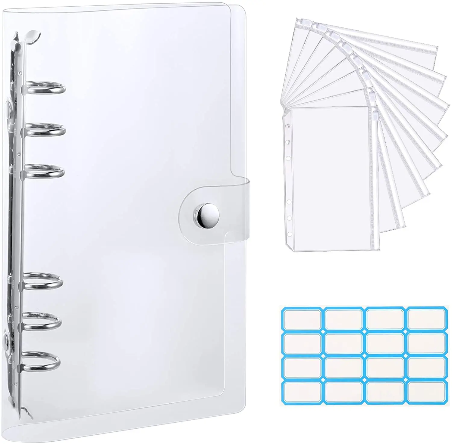 A6 Clear 6-Ring Soft PVC Notebook Binder Cover Planner Loose-Leaf Folder,Cash Budget Envelope System with 8Pcs Zipper Pockets
A6 Clear 6-Ring Soft PVC Notebook Binder Cover Planner Loose-Leaf Folder,Cash Budget Envelope System with 8Pcs Zipper Pockets