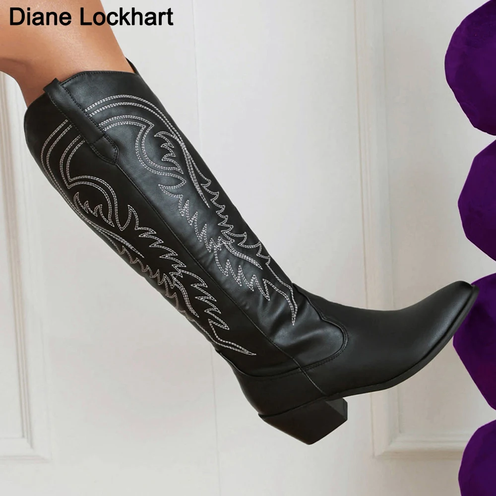 Women High Boots Black Suede Embroidered Knee High Boots Woman Sexy Pointed Toe Chunky Heels Western Cowboy Knight Boot Designer
Women High Boots Black Suede Embroidered Knee High Boots Woman Sexy Pointed Toe Chunky Heels Western Cowboy Knight Boot Designer