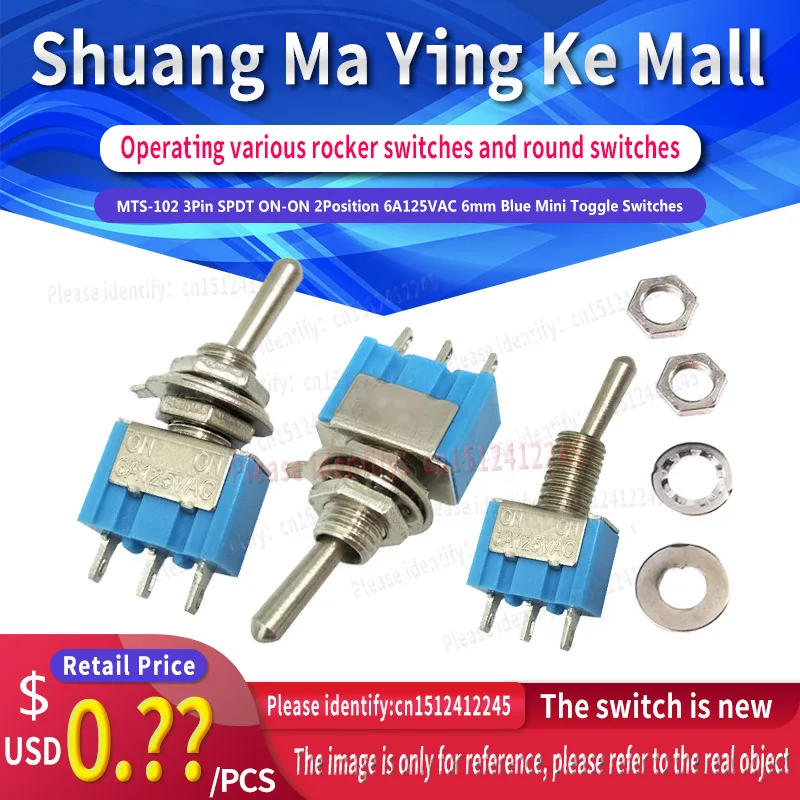

10PCS/a lot MTS-102 3Pin SPDT ON-ON 2Position 6A125VAC 6mm Blue Mini Toggle Switches