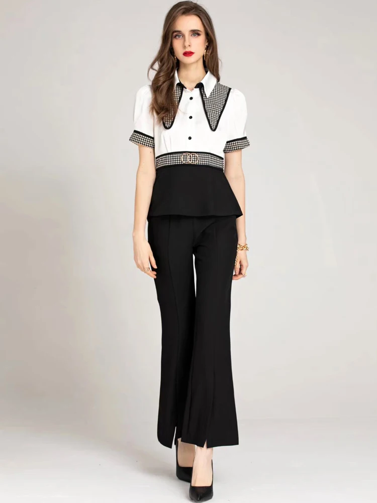 Fashion New Summer Women's Sets Short Sleeve Patchwork Shirt Black Pants Elegant Casual Party Office Designer High Quality Suit
Fashion New Summer Women's Sets Short Sleeve Patchwork Shirt Black Pants Elegant Casual Party Office Designer High Quality Suit
