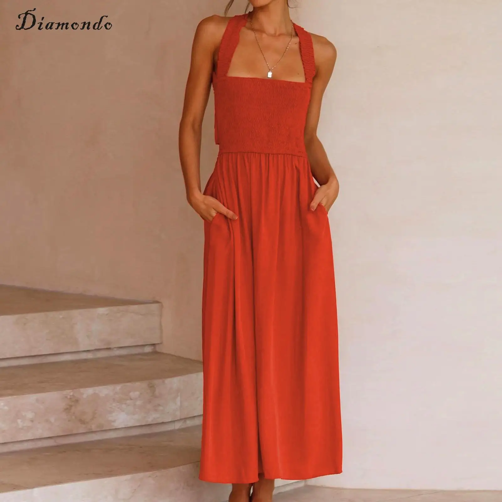 Платье женское Плиссированное средней длины с карманами, однотонное повседневное длинное облегающее платье с завышенной эластичной талией, с перекрещивающимися сзади карманами для отпуска 
Платье женское Плиссированное средней длины с карманами, однотонное повседневное длинное облегающее платье с завышенной эластичной талией, с перекрещивающимися сзади карманами для отпуска