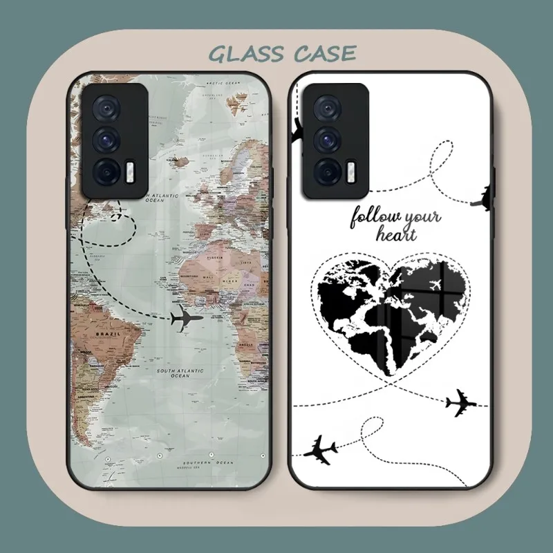 

World Map Travel Phone Case Glass For Vivo Y73 Y31S Y76S Y55S Y30 S10 S10E S12 S9 S9E X60 X70 IQOO9 8 7 NEO5 5S 5SE Coque