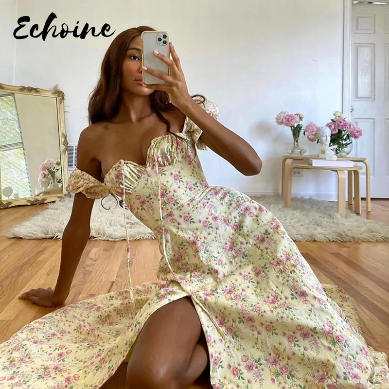Vintage Floral Dress Women Summer Square Collar Puff Sleeve Long Dress Sexy Off Shoulder Side Split A-line Dress 2022
Vintage Floral Dress Women Summer Square Collar Puff Sleeve Long Dress Sexy Off Shoulder Side Split A-line Dress 2022