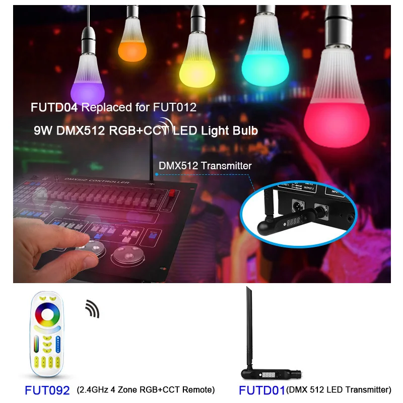 

Miboxer DMX512 9W E27 RGB+CCT LED Light Bulb,FUTD01 DMX 512 LED Transmitter,2.4G wireless Remote,DMX512 LED Strip Controller