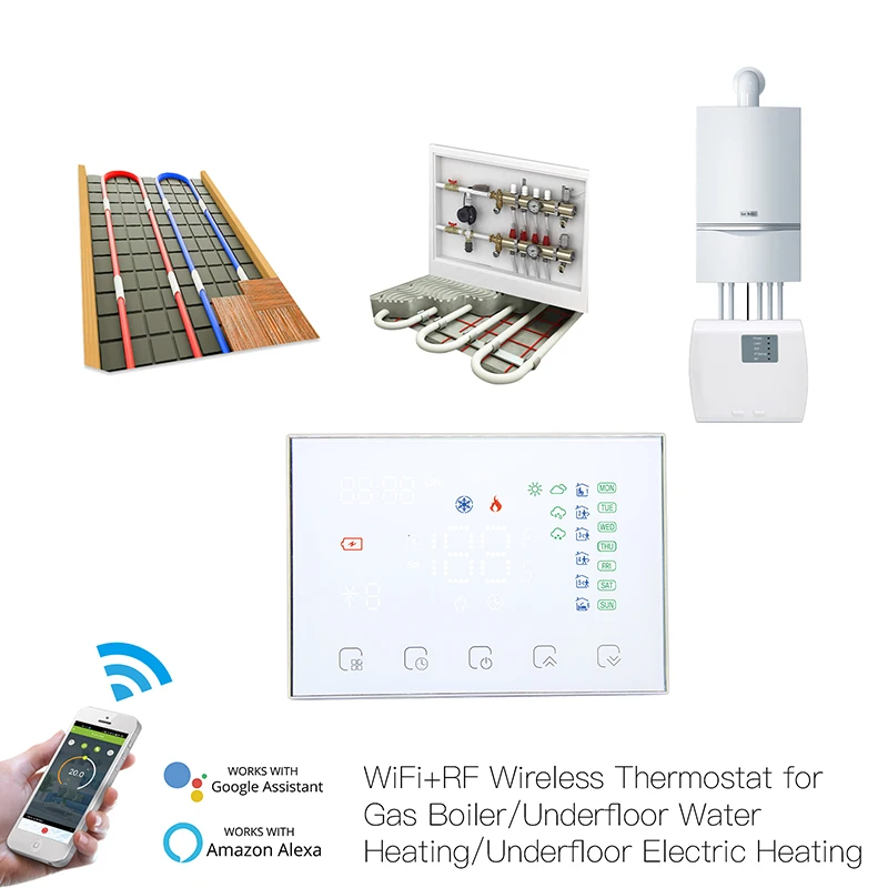 WiFi RF Thermostat Tuya Smart Temperature Controller RF Receiver Water/Electric/Gas Boiler Heating Smart Life APP Alexa Google
WiFi RF Thermostat Tuya Smart Temperature Controller RF Receiver Water/Electric/Gas Boiler Heating Smart Life APP Alexa Google