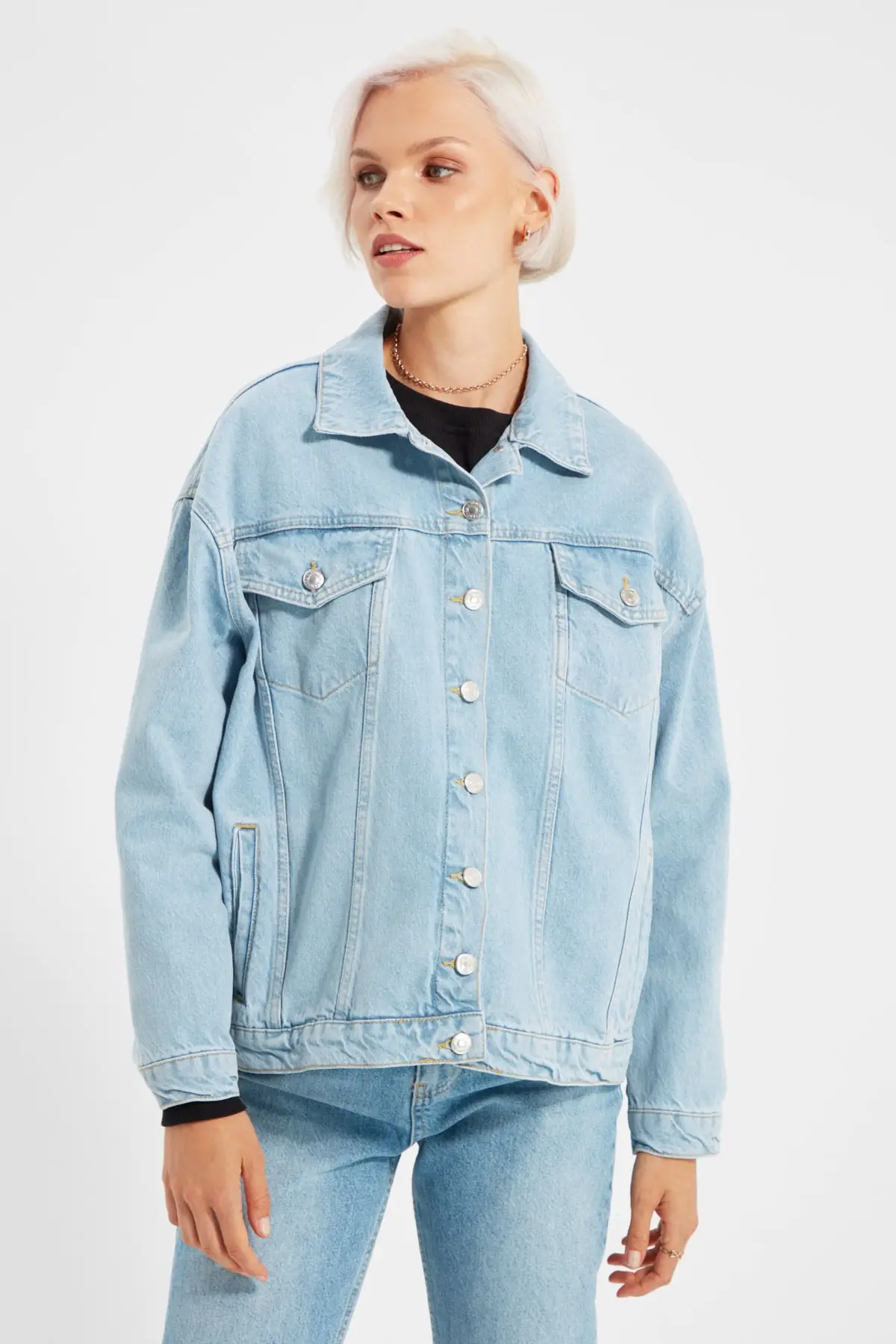 

Blue Oversize Women 'S Denim Jacket 2021 Core Vibe Regular Long Sleeve Shirt Collar Fabric Bestseller Butter Aerogel Vero Goose Cloak