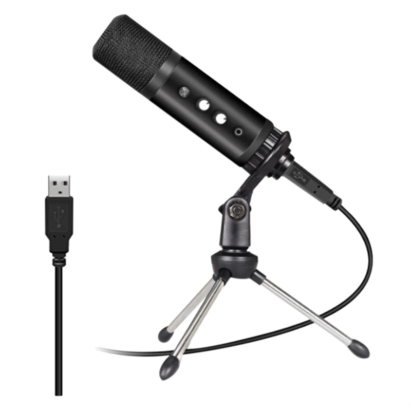 

USB Cardioid Microphone with Headphone Monitor 3.5mm Jack and Volume Knob for Live Broadcast Game Recording