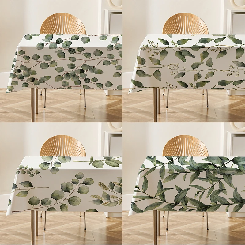 

Spring Plants Leaves Birds White Flax Linen Tablecloth Dustproof Cover Heat Resistant For Kitchen Dining Room Multiple Sizes