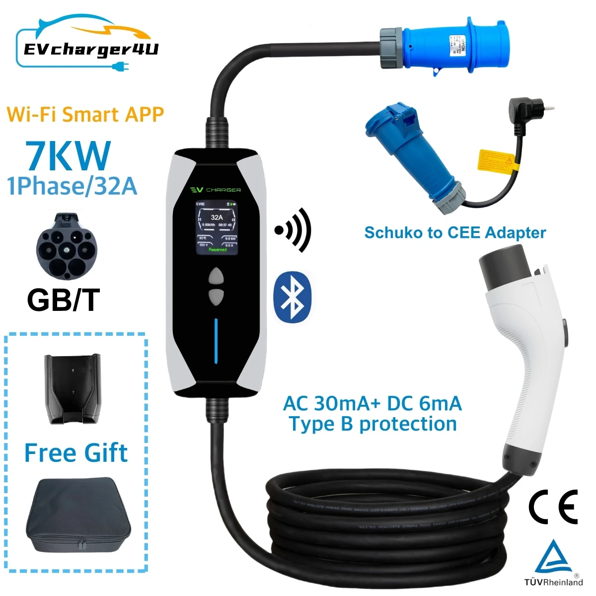 EVcharger4U J1772 Type2 GBT NACS 1-фазное портативное зарядное устройство 32A 7KW с защитой RCD Type B Wi-Fi Bluetooth APP Control EVSE Box
EVcharger4U J1772 Type2 GBT NACS 1-фазное портативное зарядное устройство 32A 7KW с защитой RCD Type B Wi-Fi Bluetooth APP Control EVSE Box