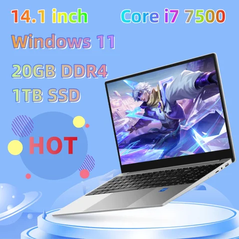ноутбук 14,1 дюймов Windows 11 Intel CORE i7 7500U нетбук 1920* 1080 Портативный ноутбук 20 ГБ оперативной памяти 512 ГБ SSD Компьютерные игровые ноутбуки