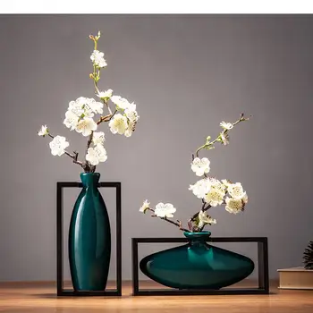 Two-piece China classical Ceramic vase Square frame Flower accessories Hollow out Desktop flower vase Retro Home Decoration