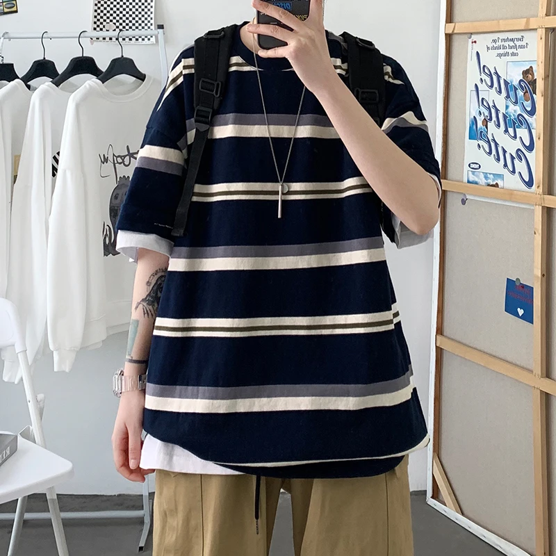 Summer Cotton Short-sleeved T-shirt Men Fashion Casual Stripe T Shirt Mens Streetwear Hip-hop Loose Pullover O-neck Tshirt Men
Summer Cotton Short-sleeved T-shirt Men Fashion Casual Stripe T Shirt Mens Streetwear Hip-hop Loose Pullover O-neck Tshirt Men