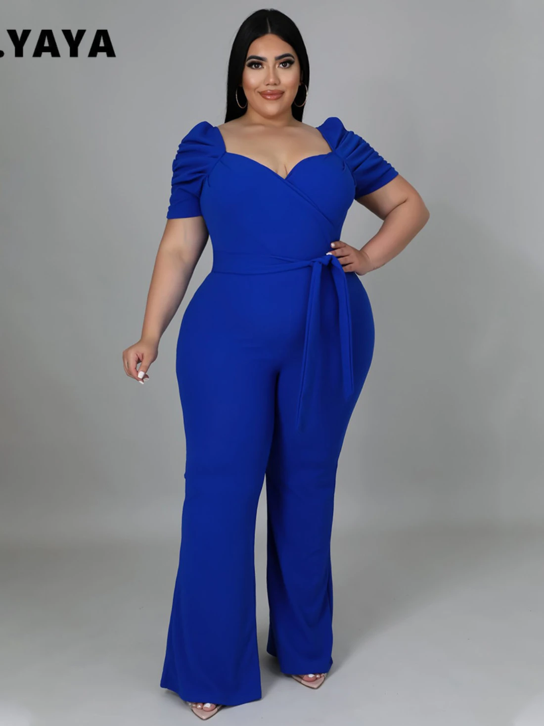 CM.YAYA Plus Size Women Plunging V-neck Short Sleeve High Waist with Sashes Wide Leg Straight Jumpsuit Romper Elegant Overalls
CM.YAYA Plus Size Women Plunging V-neck Short Sleeve High Waist with Sashes Wide Leg Straight Jumpsuit Romper Elegant Overalls