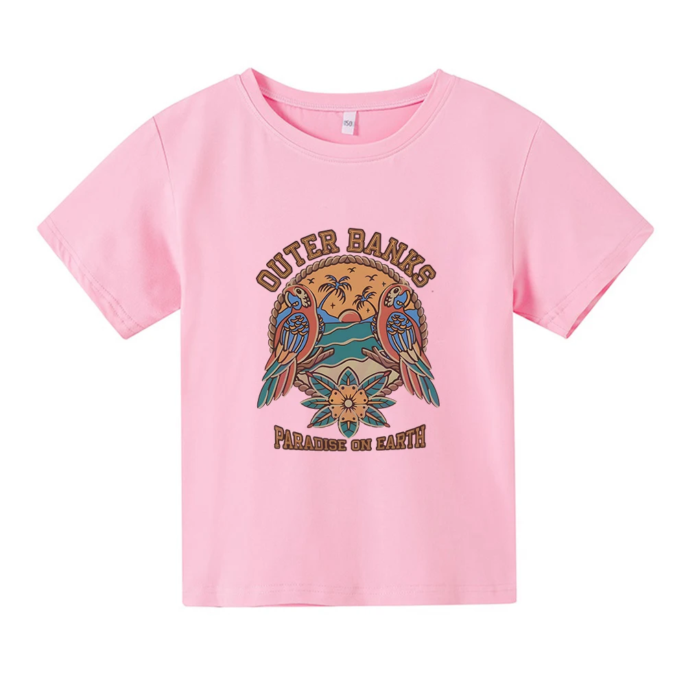 

Футболка с рисунком внешних банков, Pogue Life 2023, футболка с рисунком «Рай на земле» и попугая, кавайная мультяшная футболка из 100% хлопка, топ для мальчиков и девочек