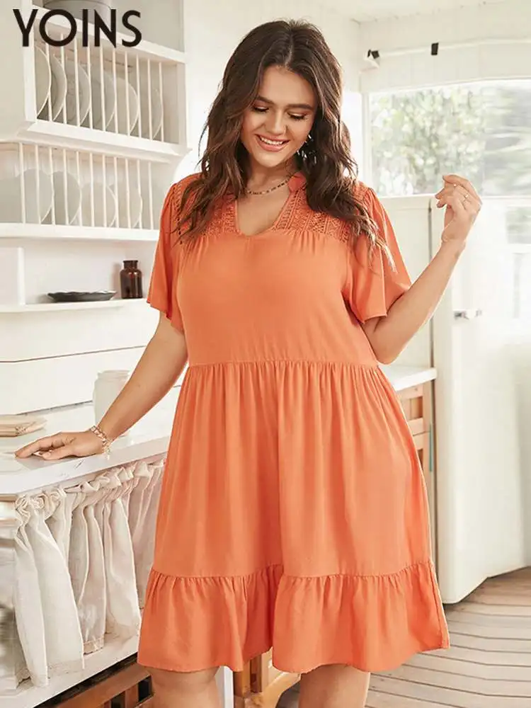 

YOINS Plus Size Elegant Party Dress 2022 Summer Short Sleeve Ruffled Vestidos Casual V Neck Sexy Hollow Out Bohemian Robe Femme