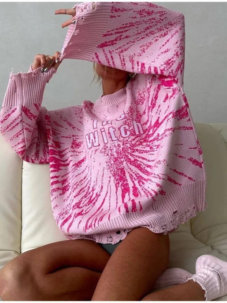 

Свитер Женский свободного покроя с контрастными буквами, винтажный пуловер с длинными рукавами и дырками, уличный кашемировый топ, Y2K, осень