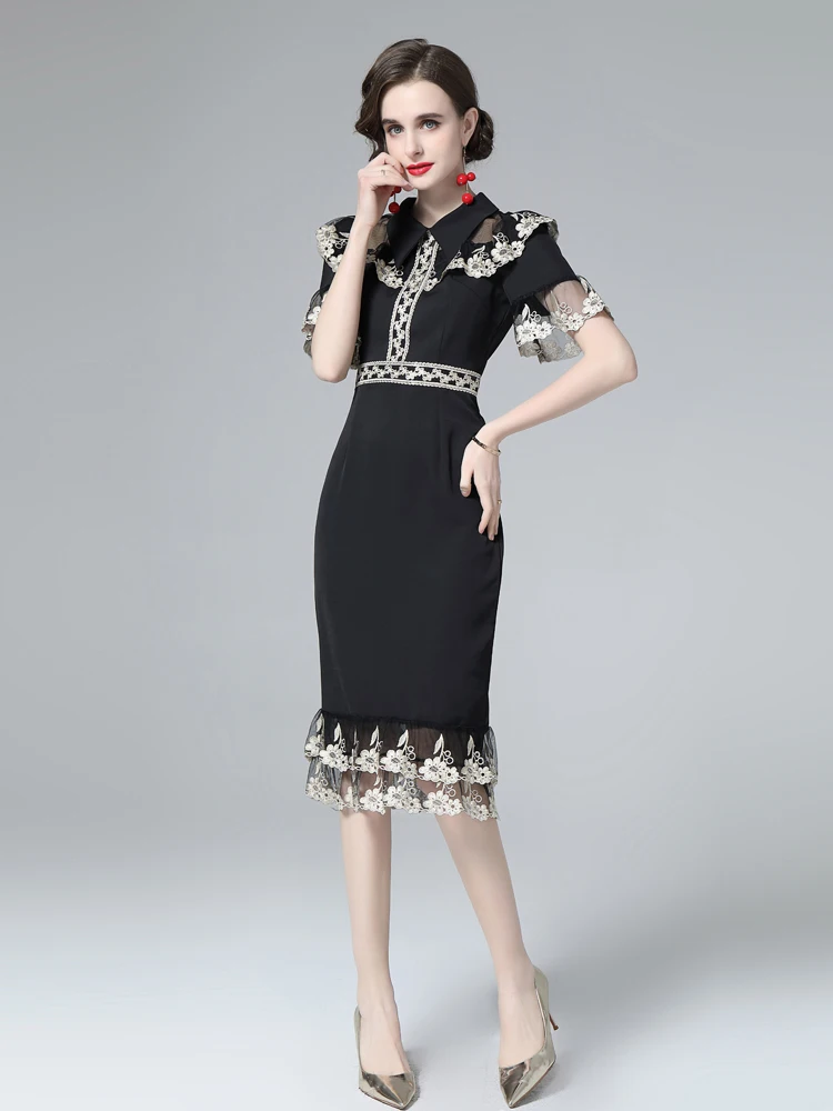 

2022 Summer Women's Dress High Waist Ruffle Sleeve Polo Neck Fashion Comfortable Elegant Ruffle Floral Black Dress B146