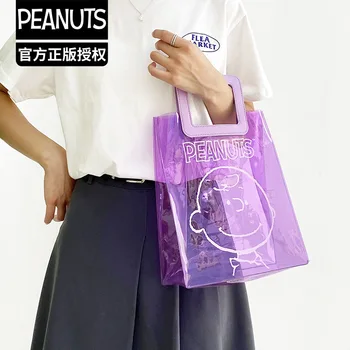 Kawaii Snoopy Handbag Jelly PVC Transparent Handbag Beach Bag Cartoon Animation Pattern Shopping Bag