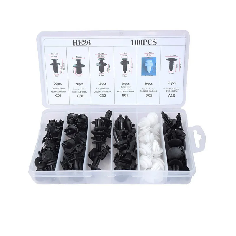 6 Size 100pcs Auto Fastener Car Clips Mixed Body Push Retainer Pin Rivet Bumper Door Trim Panel Retainer Fastener Clip Kit
6 Size 100pcs Auto Fastener Car Clips Mixed Body Push Retainer Pin Rivet Bumper Door Trim Panel Retainer Fastener Clip Kit