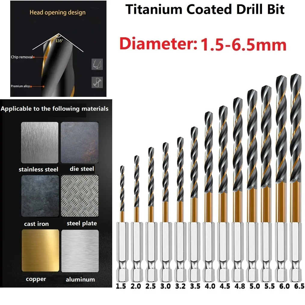 Power Tool Parts Driller High Speed Steel Titanium Coated Bit Set 1/4 Hex Shank 1.5-6.5mm Use With Aluminium Thin Iron Plastic 1
Power Tool Parts Driller High Speed Steel Titanium Coated Bit Set 1/4 Hex Shank 1.5-6.5mm Use With Aluminium Thin Iron Plastic 1