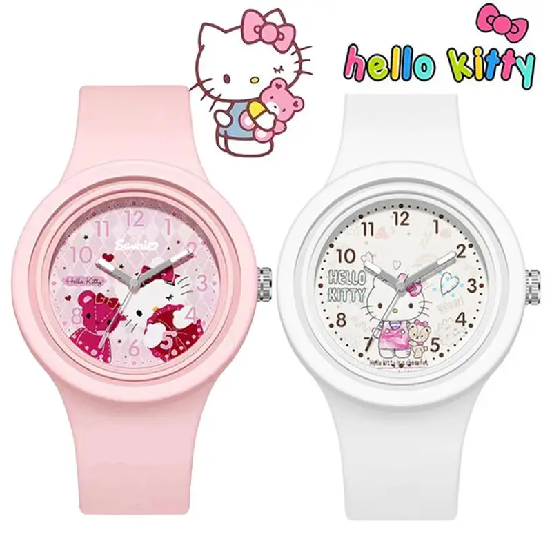 

Новинка 2023, часы Hello Kitty Kuromi Cinnamoroll My Melody, милые Мультяшные круглые часы Sanrio, студенческие наручные часы, детский подарок