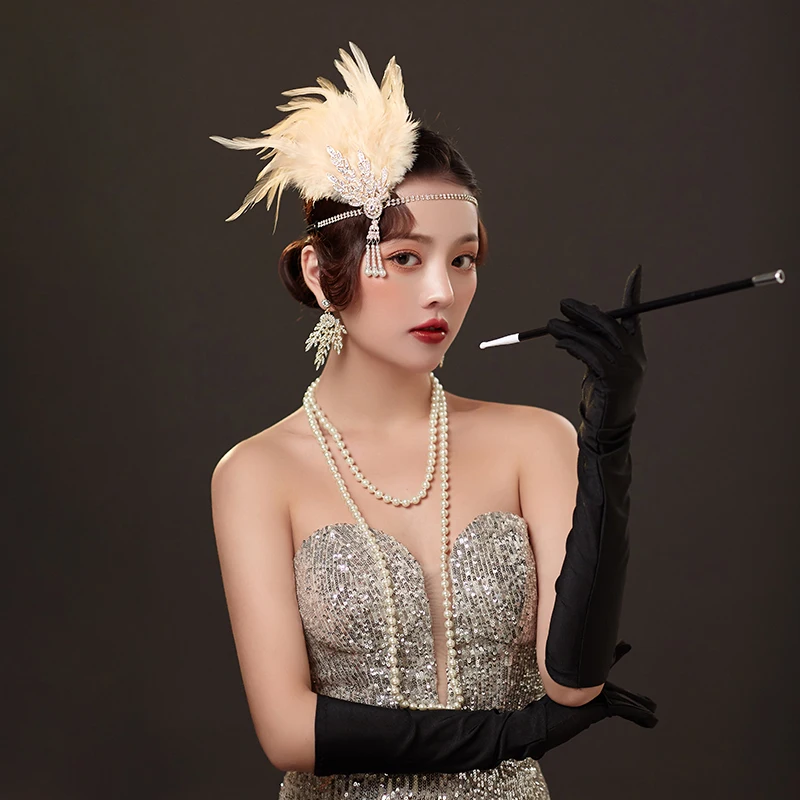 

Women Headpiece Feather Flapper Headband Shiny Great Gatsby Headdress Necklace Glove Vintage Prom Fashion Getsbi Hair Sets