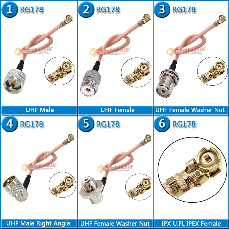 

IPX U.FL IPEX Female to UHF PL259 SO239 Male Female Washer Nut Right Angle 90 Degree Jumper RG178 extend Cable RF Connector