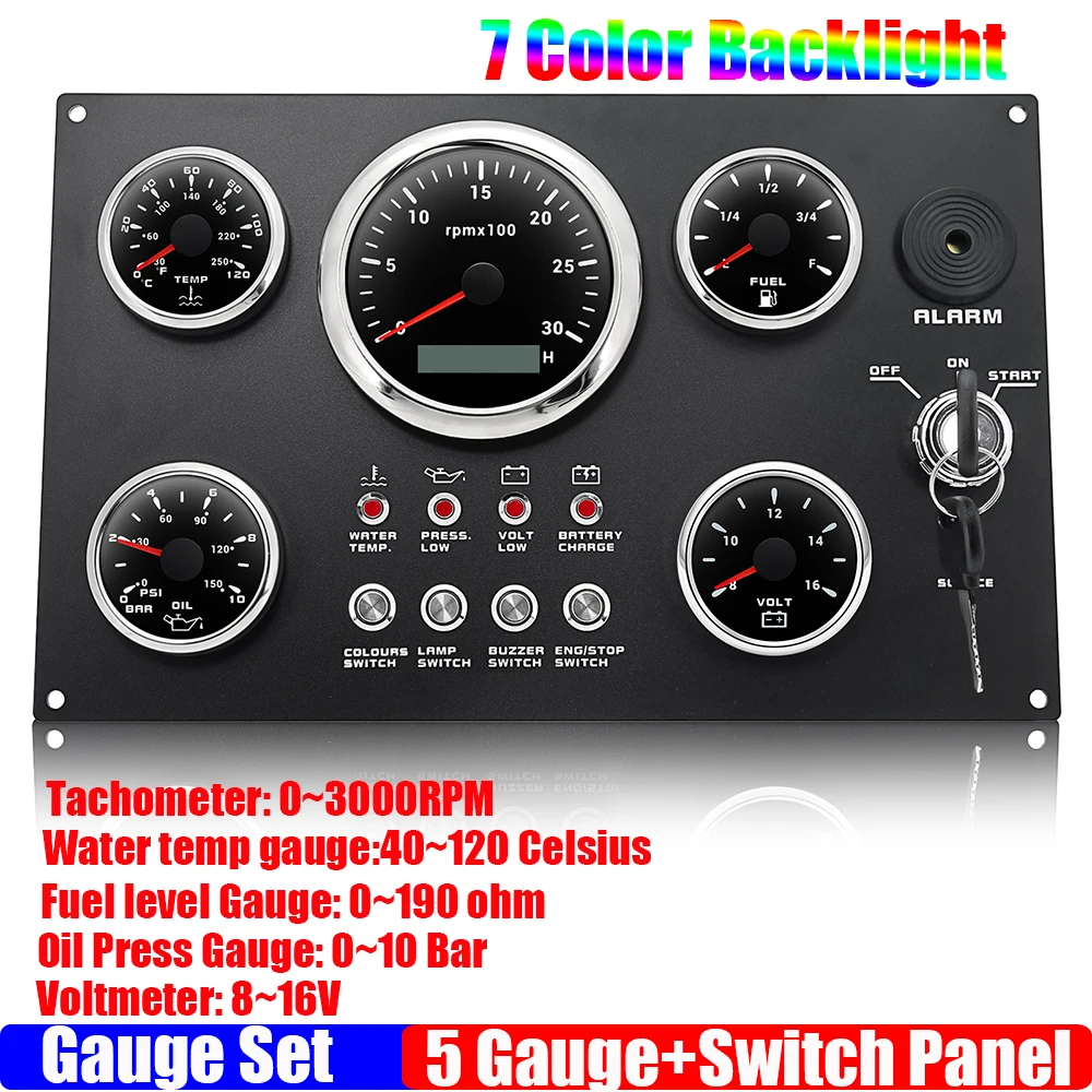 7 цветов, набор из 5 манометров, панель переключателей приборов, ключ 85 мм, тахометр + 52 мм, датчик уровня топлива + температура воды + пресс для масла + вольт, авто яхта, 12 В на заказ 
7 цветов, набор из 5 манометров, панель переключателей приборов, ключ 85 мм, тахометр + 52 мм, датчик уровня топлива + температура воды + пресс для масла + вольт, авто яхта, 12 В на заказ