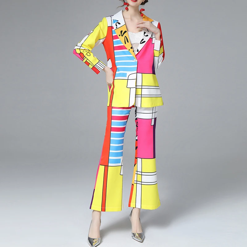 Ladies Fashion Contrast Color Print Long Sleeve Lapel Blazer Temperament Commuter Versatile Slacks Flare Pants Suit 2 Piece Set
Ladies Fashion Contrast Color Print Long Sleeve Lapel Blazer Temperament Commuter Versatile Slacks Flare Pants Suit 2 Piece Set