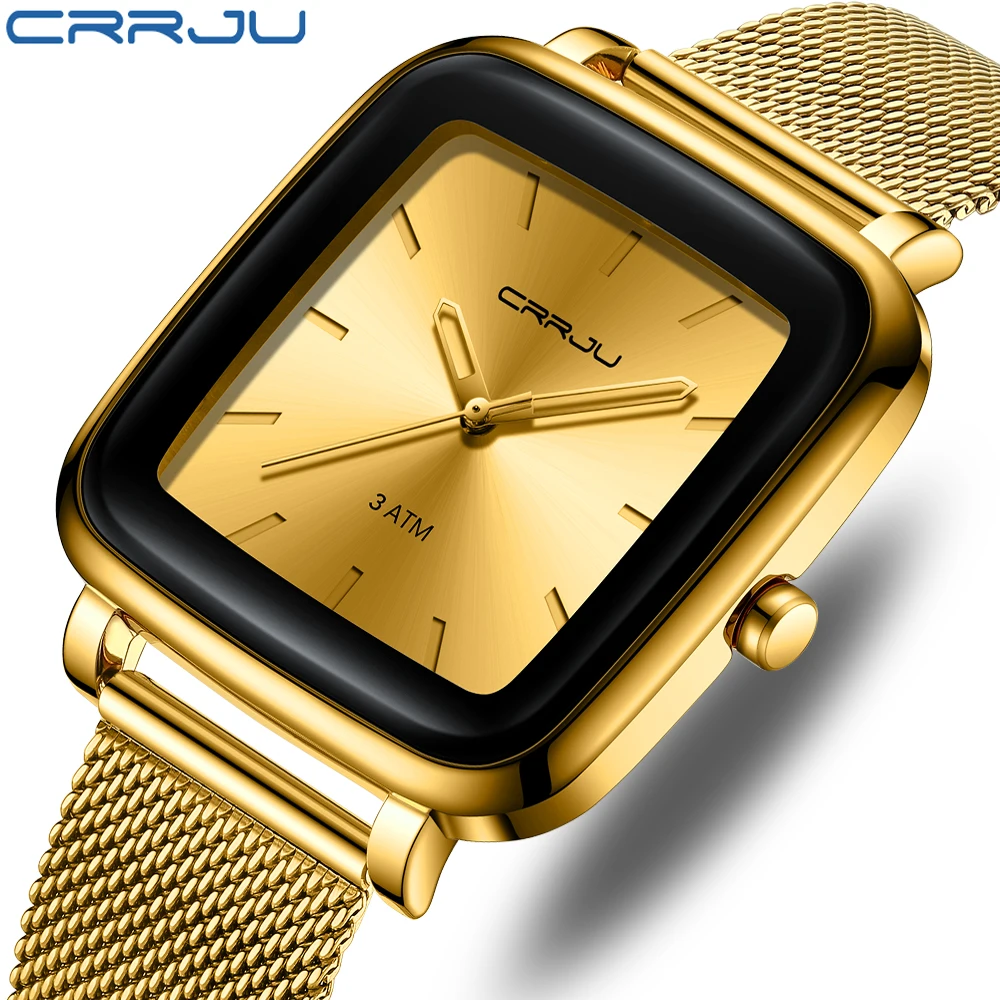 

Часы CRRJU мужские Кварцевые водонепроницаемые, роскошные деловые спортивные квадратные золотистые с сетчатым ремешком из нержавеющей стали