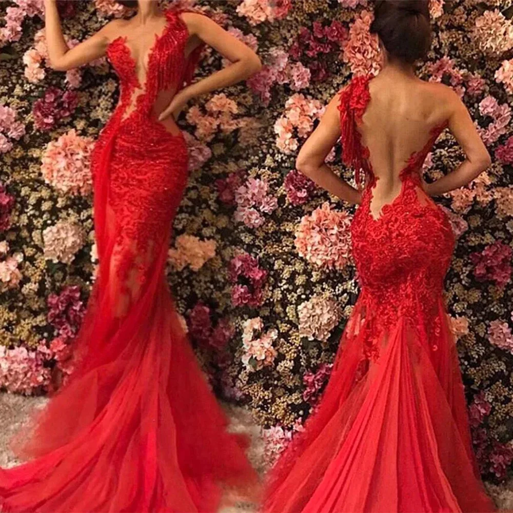 

Женское кружевное платье-русалка, красное Прозрачное платье с открытой спиной, на одно плечо, длиной до пола, аппликация со шлейфом и бисером, длинное иллюзионное платье для выпускного вечера