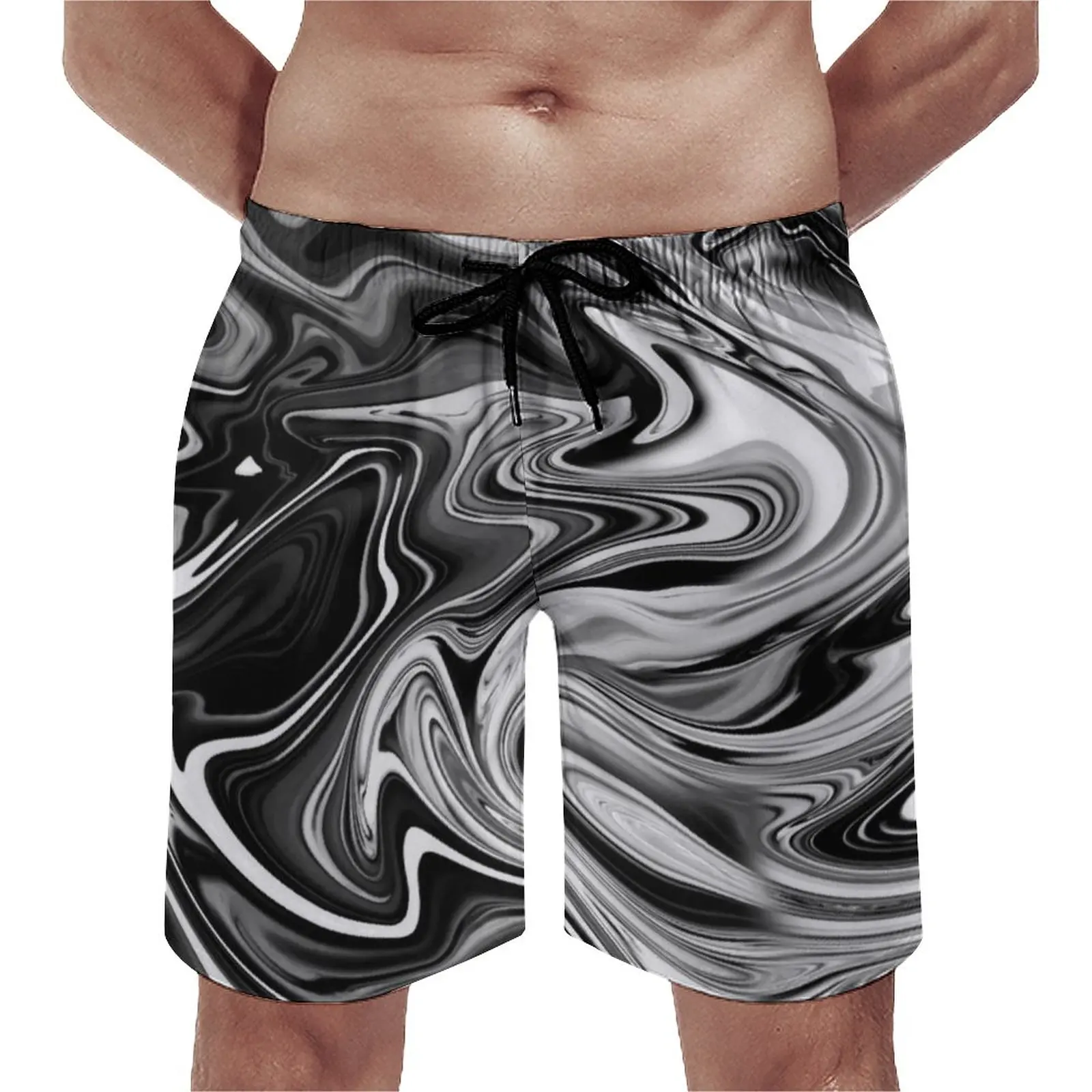 

Elegant Marble Board Shorts Summer Liquid Black and White Stripe Retro Beach Shorts Sports Surf Quick Dry Print Swimming Trunks