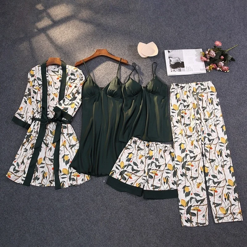 Print Pajamas Set Silky Women 5 Piece Sleepwear Satin Lace Sleep Pyjama Lounge with Belt Chest Pads Sexy Strap Home Nightwear
Print Pajamas Set Silky Women 5 Piece Sleepwear Satin Lace Sleep Pyjama Lounge with Belt Chest Pads Sexy Strap Home Nightwear
