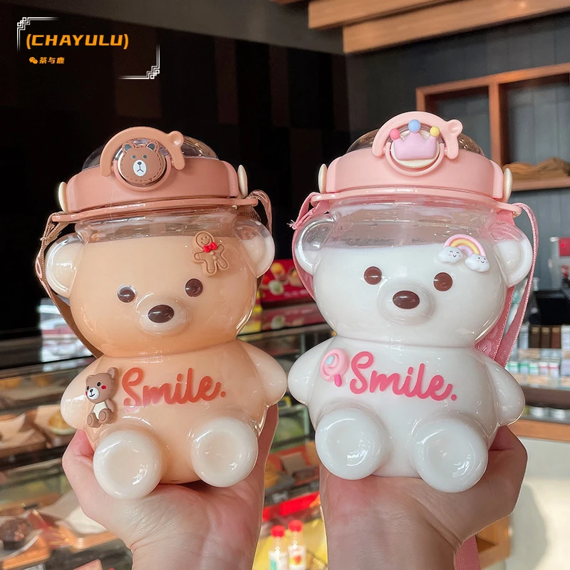 

1000ML/1400ML Kawaii Bear Kettle Straw Water Cup Summer Large Capacity Plastic Straw Drinking Cup Cute Children Water Bottle