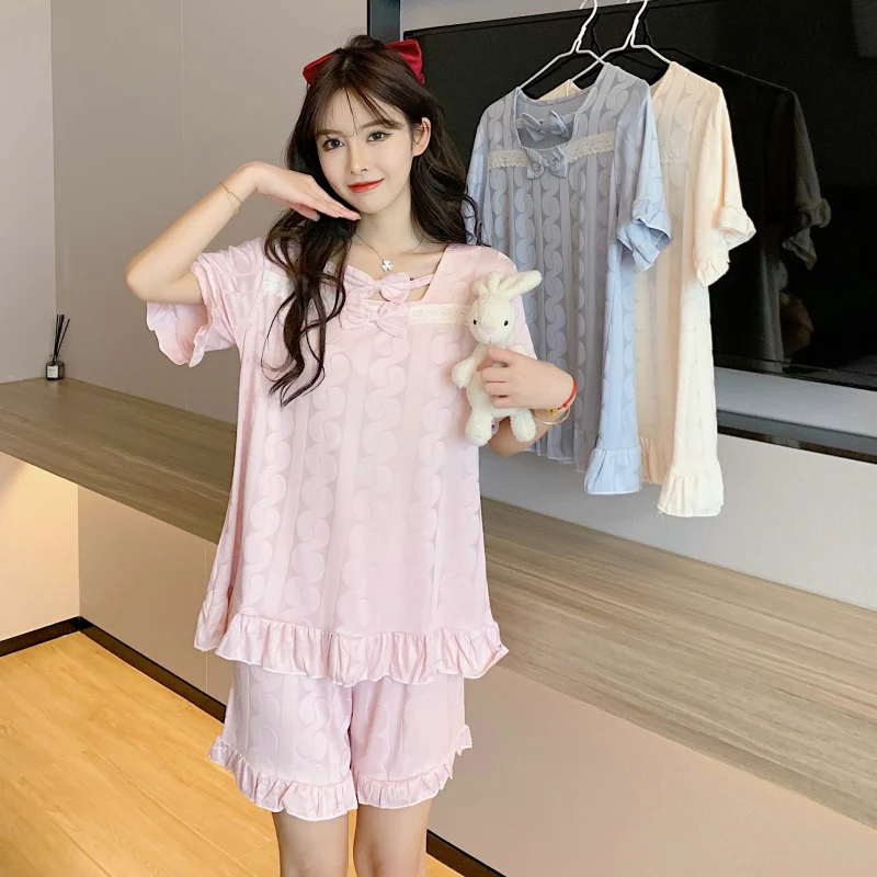 Summer Short Sleeve Women Oversize Pajamas Set Jacquard Large Size Nightwear Home Clothes Two Piece Suit Plus Fat 125KG M-5XL
Summer Short Sleeve Women Oversize Pajamas Set Jacquard Large Size Nightwear Home Clothes Two Piece Suit Plus Fat 125KG M-5XL