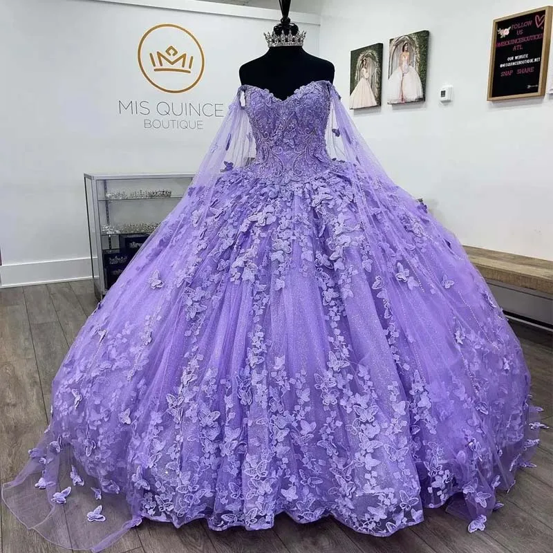 

Angelsbridep Lavender Lace Butterfly Ball Gown 15 Year Old Quinceanera Dresses with Cape Pocket 3D Flowers Birthday Party Gowns