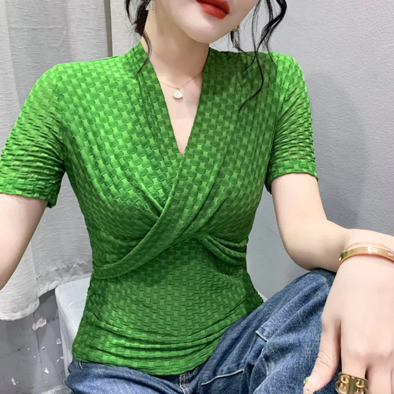 #6149 Black Green Puprle Mesh Wrap T Shirt Women Short Sleeve Sexy Elastic Office T-Shirt Female Tight V-neck Folds Korean Style
#6149 Black Green Puprle Mesh Wrap T Shirt Women Short Sleeve Sexy Elastic Office T-Shirt Female Tight V-neck Folds Korean Style