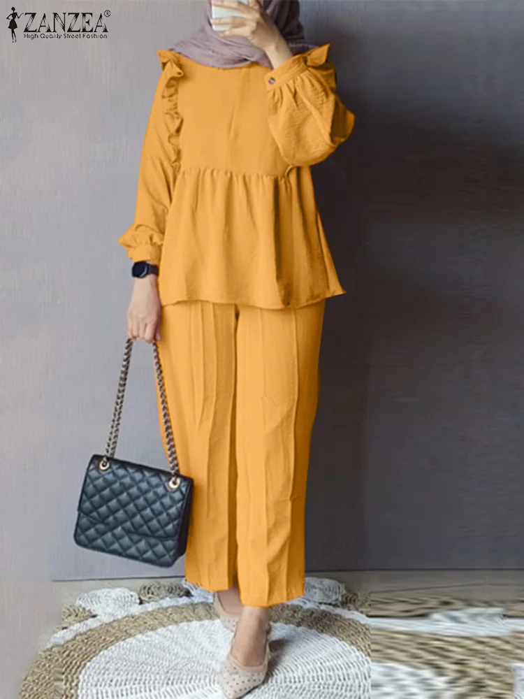 ZANZEA Women Elegant Matching Sets 2PCS Solid Ruffles Blouse Trousers Suits Casual Loose Muslim Sets Ramadan Islamic Clothing
ZANZEA Women Elegant Matching Sets 2PCS Solid Ruffles Blouse Trousers Suits Casual Loose Muslim Sets Ramadan Islamic Clothing