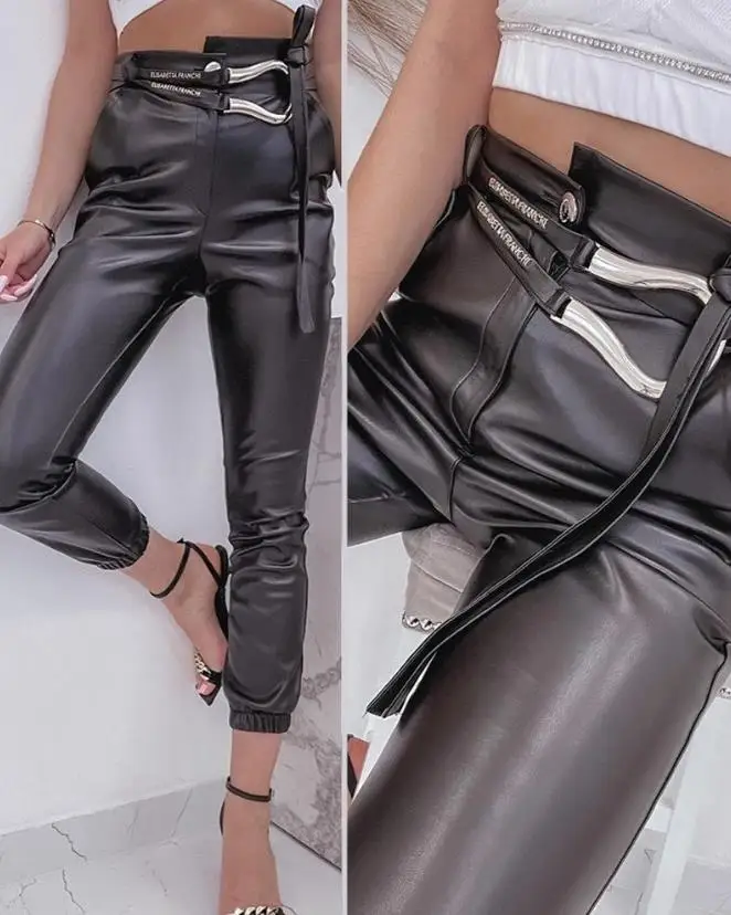 

Pu Leather High Waist Belted Cuffed Pants 2023 New Summer Women's Trousers Black Tights Casual Street Clothing