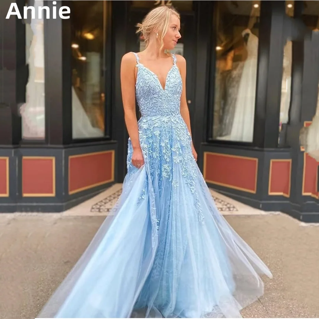 

Annie Handmade 3D Decals Prom Dresses V-neck Lace Tulle Evening Dress Sweetheart Blue A-Line 2023 Vestidos De Noche