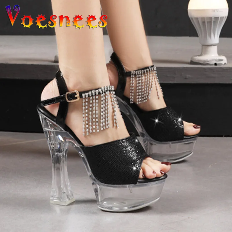 

Voesnees Crystal Transparent High Heel Shoes 2022 New Diamond Tassels Sandals For Women Summer Evening Party Bling Woman Shoe