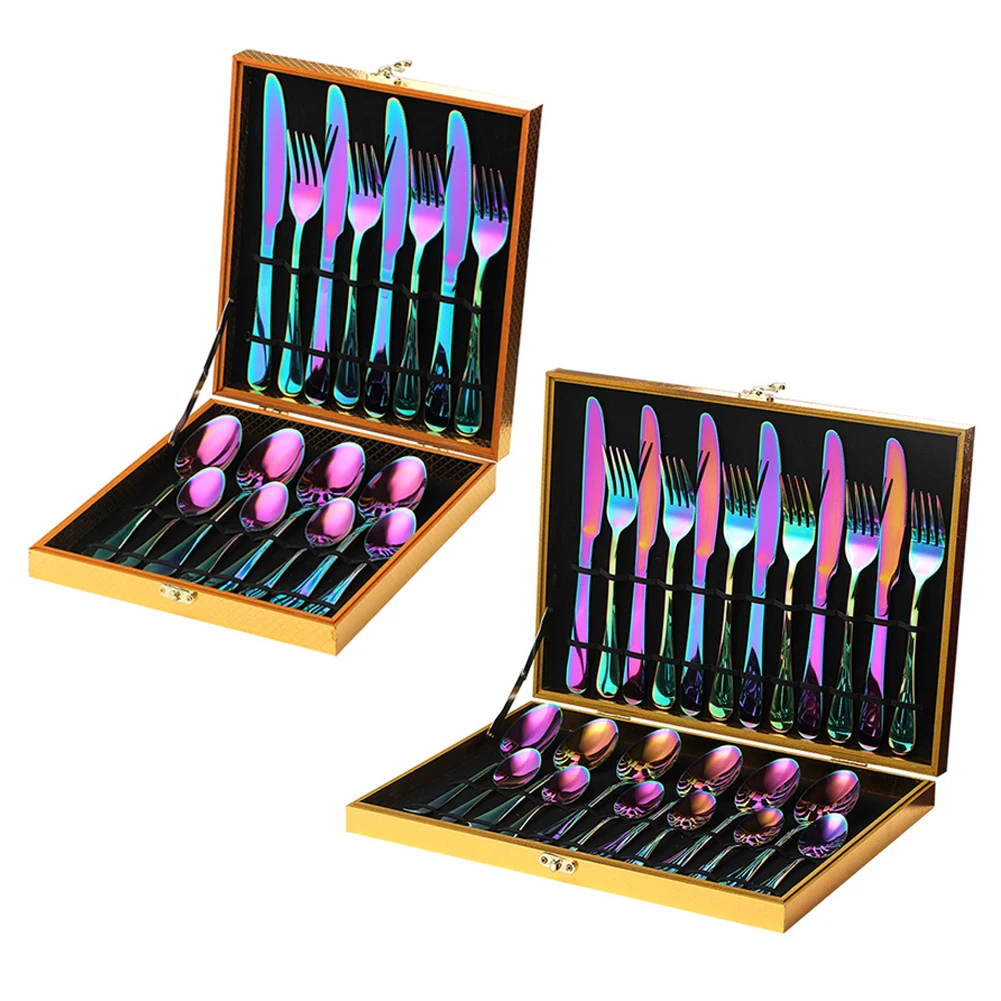 16/24Pcs/Set Rainbow Colorful Flatware Set Gift Box Stainless Steel Cutlery Set Knife Fork Spoon Tableware Set Bussiness Gift
16/24Pcs/Set Rainbow Colorful Flatware Set Gift Box Stainless Steel Cutlery Set Knife Fork Spoon Tableware Set Bussiness Gift