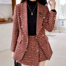 ZJYT Elegant Vintage Tweed Blazer Shorts Suits Autumn Winter Outfits for Women Two Piece Office Matching Set Plus Size Clothing