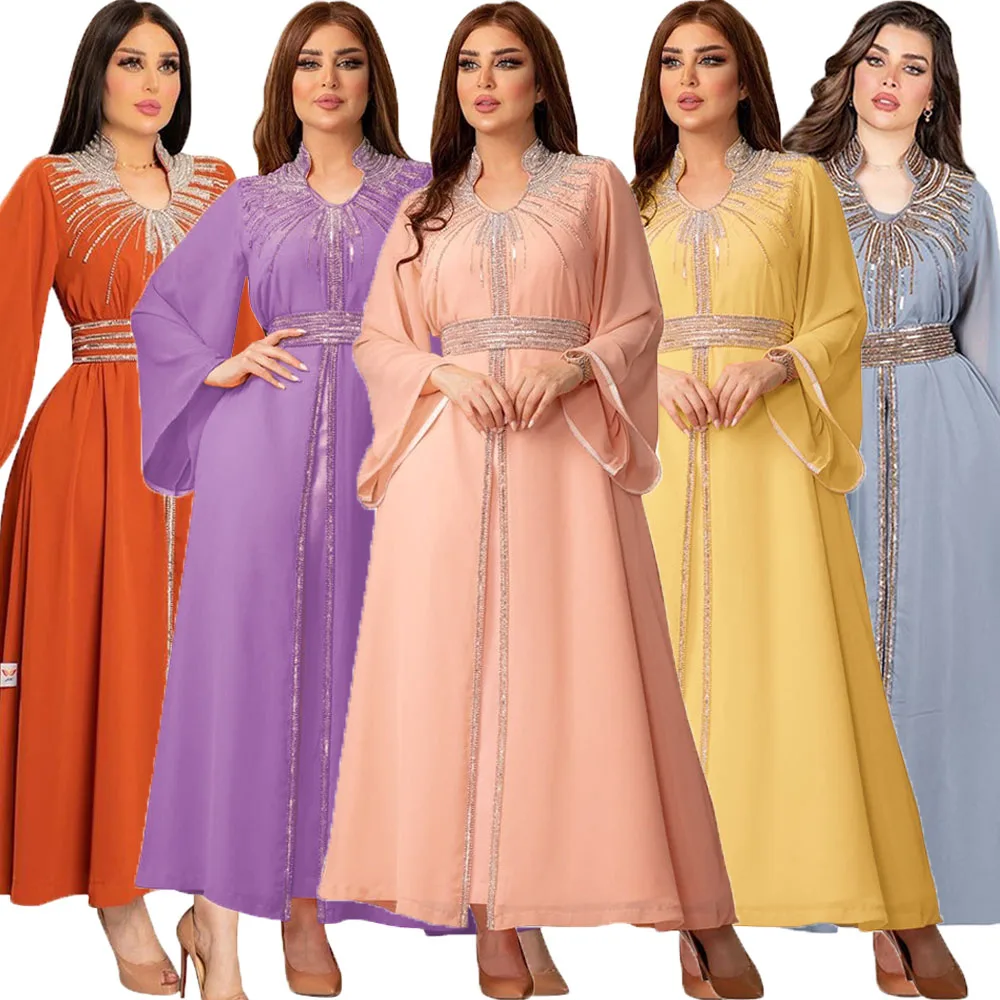 

Arabian Evening Party Jalabiya Fashion Rhinestone Women Dress Dubai Robe Islam Clothing Muslim Ramadan Abaya Kaftan Morocco Gown