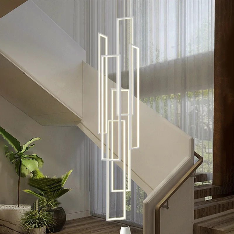 

Modern Led Staircase Long Hanging Lamp Geometric Villa Duplex Chandelier Nordic Luxury Loft Living Room Hanging Luminaire Gloss