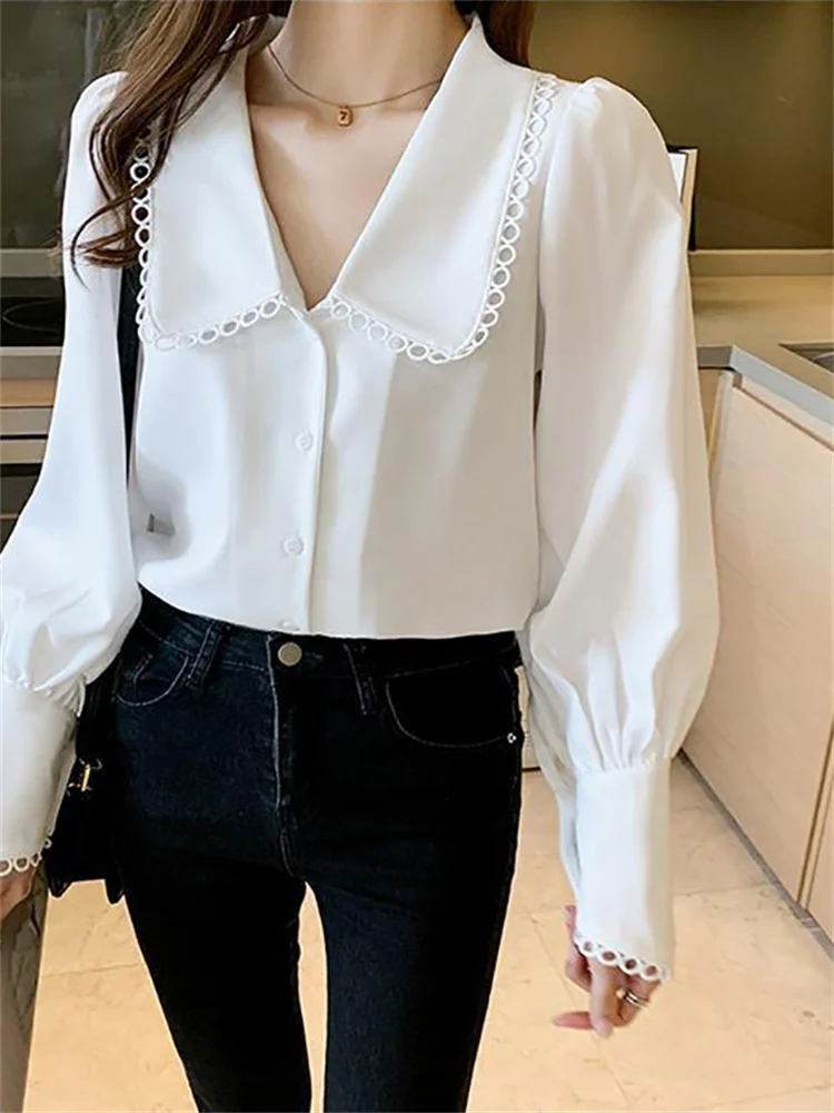 Women's New 2022 Peter Pan Collar Chiffon White Shirt Sweet Long Sleeve Spring Summer Blouse Korean Fashion Elegant Casual Shirt
Women's New 2022 Peter Pan Collar Chiffon White Shirt Sweet Long Sleeve Spring Summer Blouse Korean Fashion Elegant Casual Shirt
