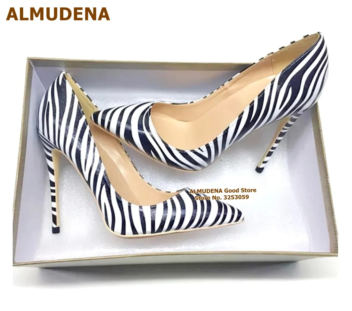 

ALMUDENA White/black Zebra Striped High Heel Shoes 12cm 10cm 8cm Stilettos Pointed Toe Pumps Slip-on Shallow Footwear Size45