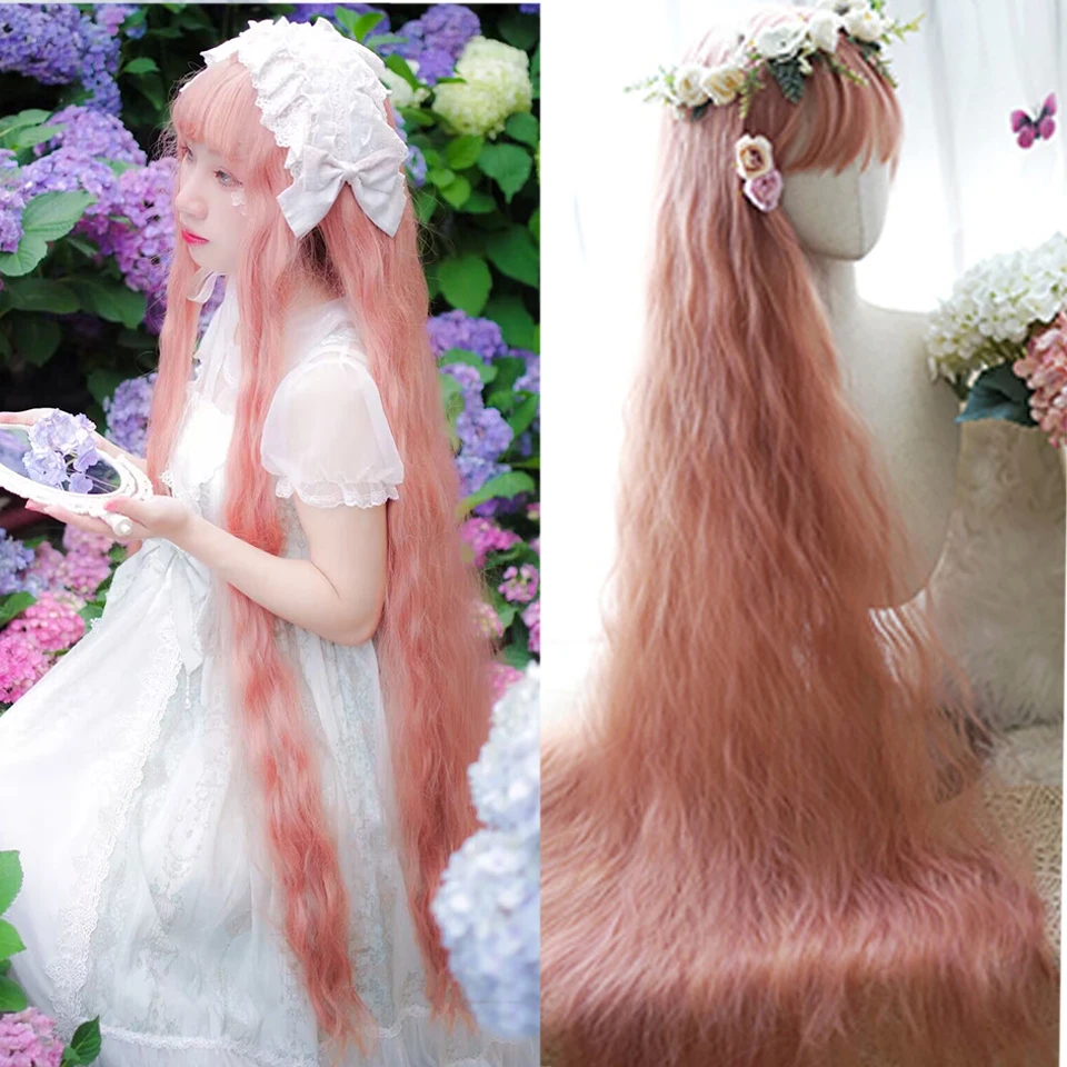 

HOUYAN Synthetic 120cm extra long wavy curly bangs Women Pink blonde Brown Cosplay Lolita wig Heat resistant wig