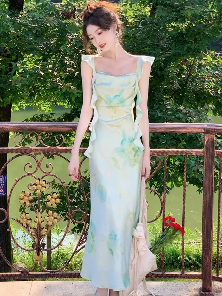 Elegant Stain Women Dress For Evening Party Summer Vintage Female Square Collar Clothing Fashion Strap Lady Robe Floral Print
Elegant Stain Women Dress For Evening Party Summer Vintage Female Square Collar Clothing Fashion Strap Lady Robe Floral Print