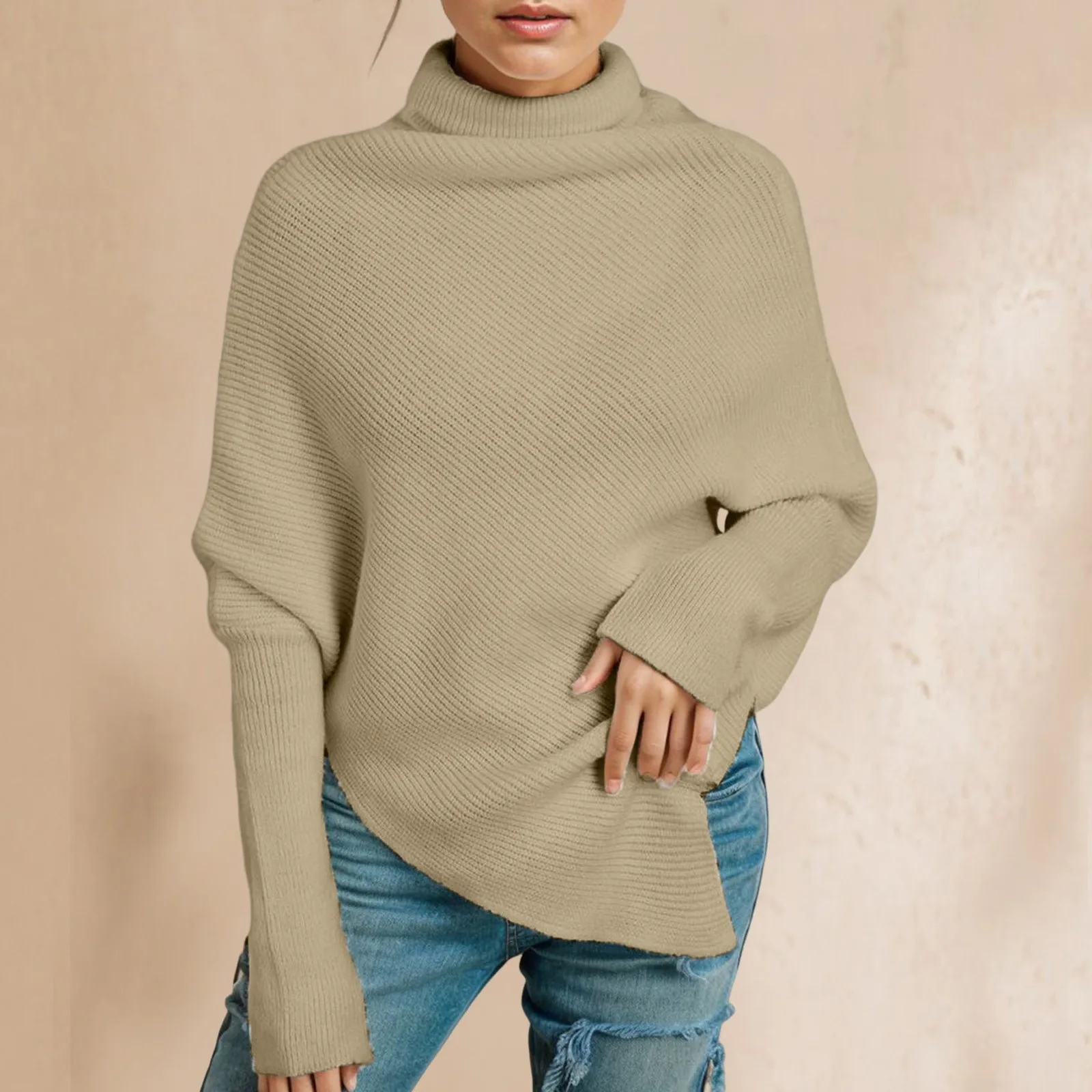 Женский осенне-зимний Асимметричный Однотонный свитер с высоким воротником женский свободный вязаный очень большой свитер 
Женский осенне-зимний Асимметричный Однотонный свитер с высоким воротником женский свободный вязаный очень большой свитер